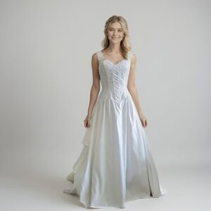 Formal Cathedral Train sleeveless A-line satin embroidered, ruffled bridal Gown